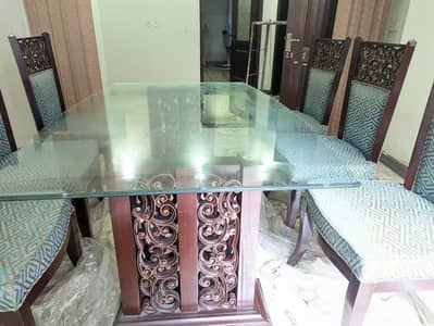 6 Seater Luxury Glass Dining Table Set with Carved Wooden Base
