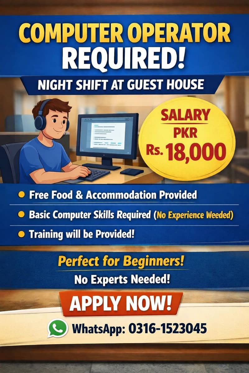 Basic Computer Operator Night shift Receptionist  Guest House Based 0