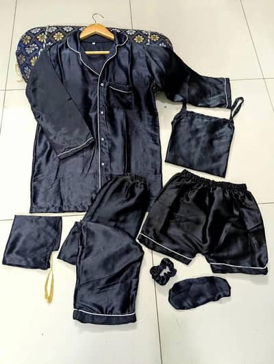 5 PCs night dress silk plane night suite