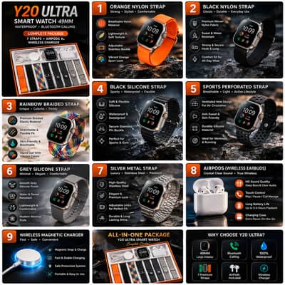 Y20 Ultra Smart Watch 49mm with 7 Straps – Bluetooth Calling, Heart Ra