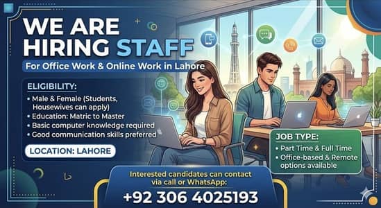 Office & Online Work Jobs Available – Male/Female (Lahore]