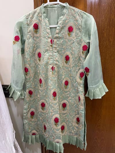Light Green Embroidered Net Shirt with Silk Inner & Silk Trouser
