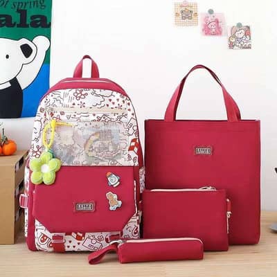 Nylon Printed 4-Piece Backpack Set Multicolor