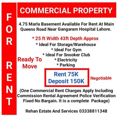 4.75 Marla Basement For Rent At Main Queens Road Near Gangaram