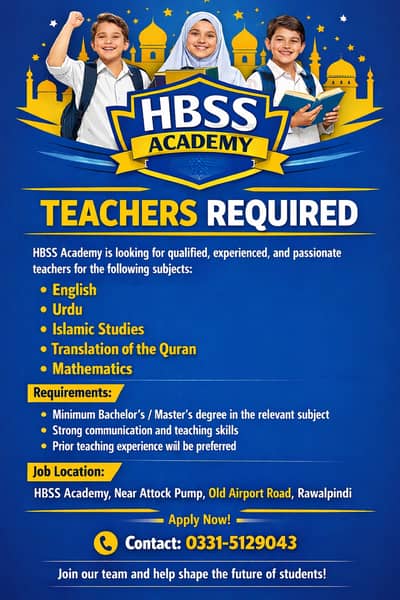 Teachers Required for HBSS Academy (English, Urdu, Islamia