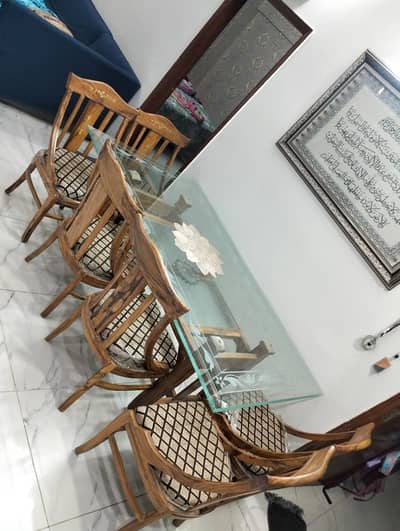 Dinning Table with 6 Chairs  Pure wood with glass top