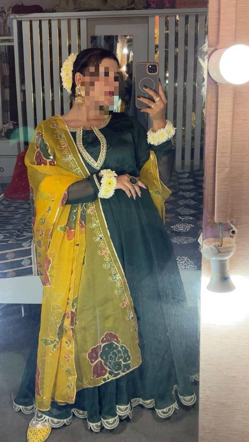 chiffon royal green maxi with handwork yellow dopatta perfect for mayo 0