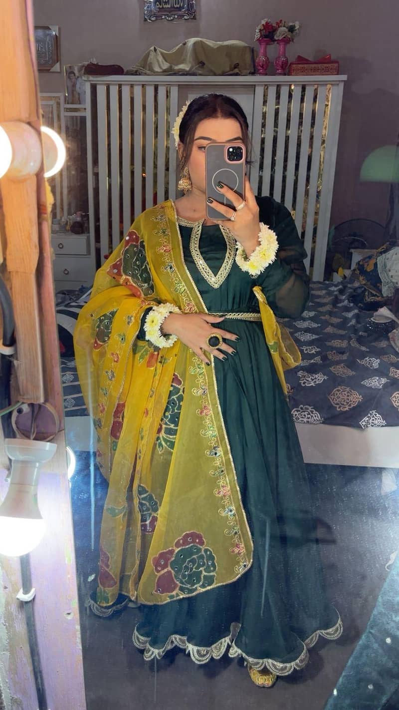 chiffon royal green maxi with handwork yellow dopatta perfect for mayo 1