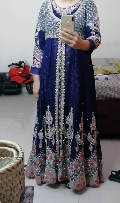 Formal wear eastern dark purplish blue front open frock/maxi big flare