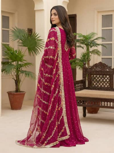 Stunning Magenta Georgette Maxi with Heavily Embroidered Dupatta