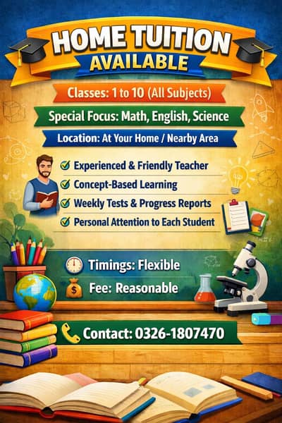 home tutor for grade 1-10th (All subjects)
