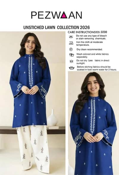 Blue Embroidered Lawn Unstitched Suit for Women 3 Pcs