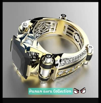 Huajie Luxurious Gold zircon Ring with black stone & Crystal accents