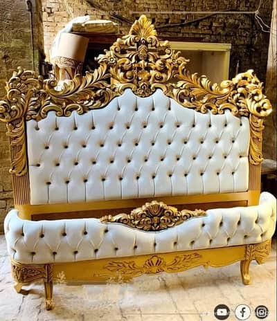 Luxury Gold & White King-Size Bed Frame with Matching Bench - For Sale