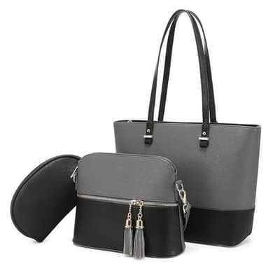 Women's 3 Piece PU Leather Tassel Handbag Set Gray Black