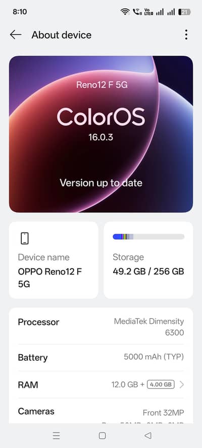 OPPO Reno 12f condition 10 by 10 12 GB Ram 256GB Rom