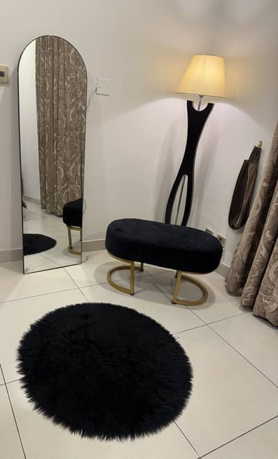 Mirror, stool, lamp, rugs & curtains on sale