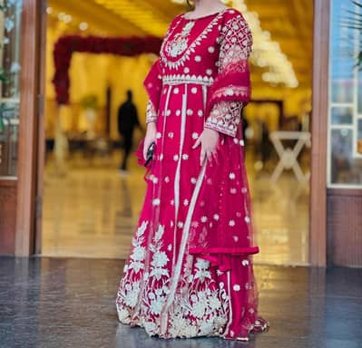 Beautiful Red Embroidered Net Maxi Dress with Dupatta – Large
