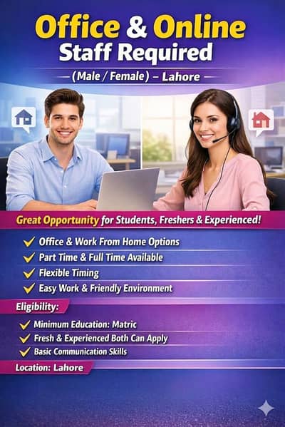 Office & Online Work Jobs Available – Male/Female