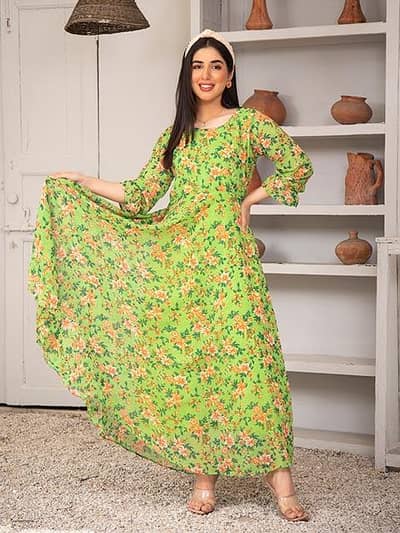 Nazmina Pea Green Bird 3 Piece – Chiffon Formal Dress – Brand New