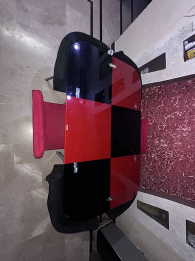 Modern Glass Dining Table with 6 Chairs – Stylish Red & Black Design