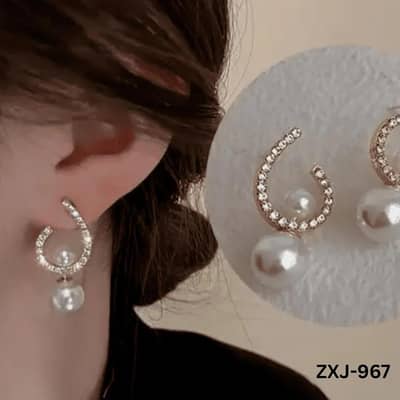 2-in-1 U-Shape Crystal & Pearl Drop Earrings | Korean Elegance |