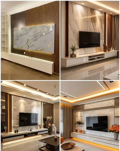 Pvc panel. Pvc wallpaper. Kitchen cabnets. Media wall. wood & pvc flo