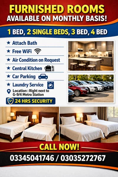 Furnished Guest House Rooms Available – Monthly Basis G-9/4 METRO STAT
