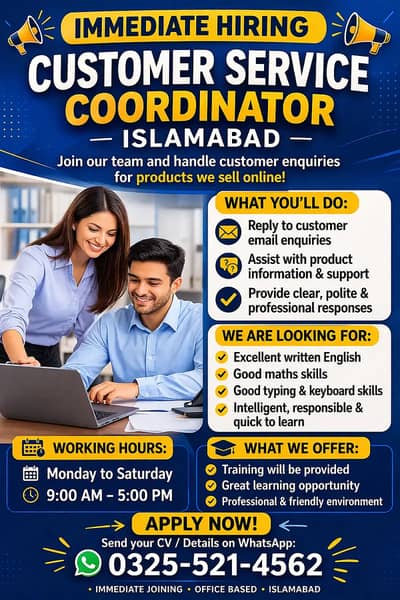 Office Assistant Job– Data Entry, English Customer Services , G-11/2