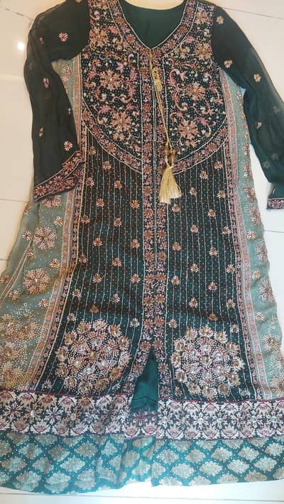 Elegant Green Chiffon Outfit – Heavy Embroidered (Small Size)