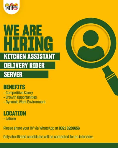 Restaurant staff is hiring: Delivery Rider, Kitchen Staff, Waiters