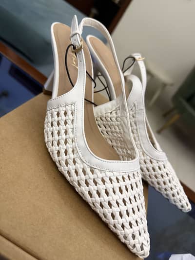 NEW LOOK White Faux Leather Woven Slingback Court Shoes