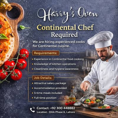 Continental Chef || Cook Required (Restaurant Jobs) Male