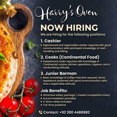 Urgent Hiring – Restaurant Staff Required (Cashier, Cook, Barman)