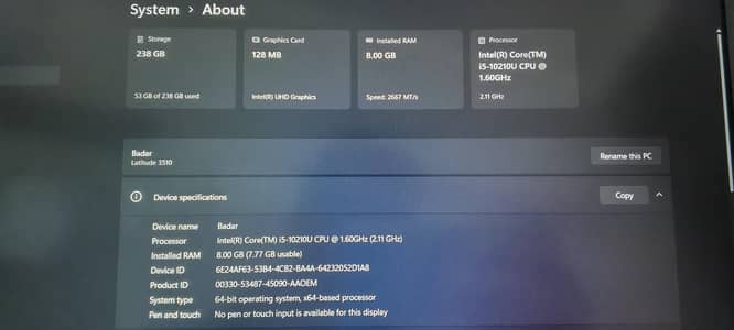 DELL LATITUDE 3510 INTEL CORE i5 10th GEN 8GB RAM