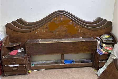 Solid Wooden Bed with Side Drawers – Strong & Spacious (Needs Polish)