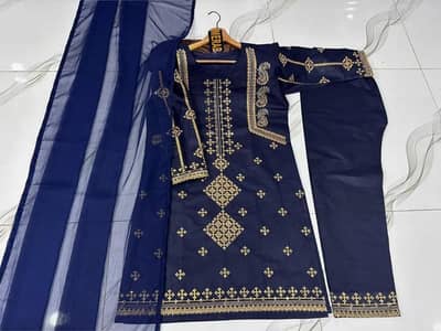 Beautiful Navy Blue 3-Piece Embroidered Suit - Ready to Wear