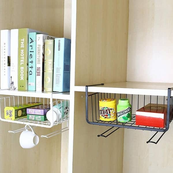 Hanging Under-Shelf Storage Rack Cabinet Organizer with Mesh Basket and Dual Hooks