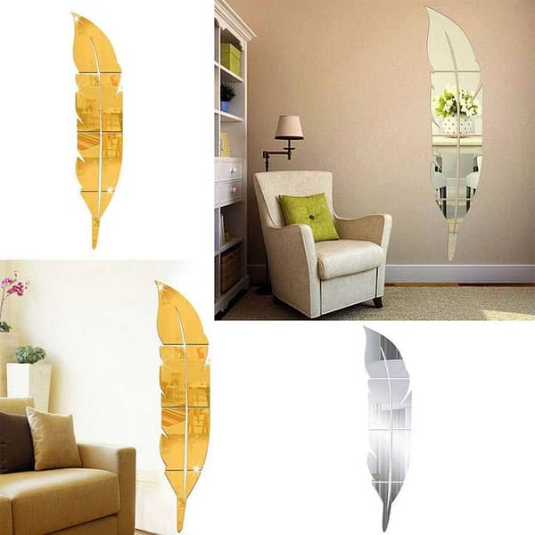 Mirror Wall Decor Sticker Leaf Shape Art Wall - Rounded Corner Acrylic Removable Mirror Set (29 x 7 Inch, 6 Pack)