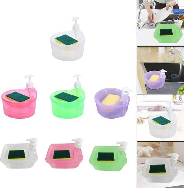 Dish Soap Pump Dispenser with Scrubber Holder, 2-in-1 Sink Solution for Dishwashing, Clear