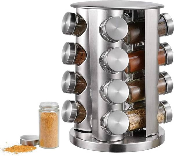 Spice Rack with 16 Stainless Steel Jars • Revolving Carousel Countertop Organizer