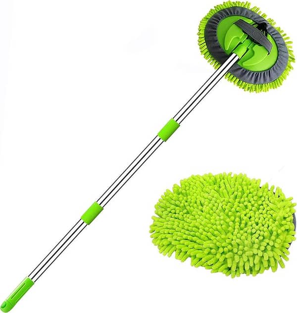 Car Wash Brush Mop Cleaning Tool with Long Telescoping Handle for Cars, Trucks, SUVs, RVs, Boats – 2-in-1 Chenille Microfiber Duster