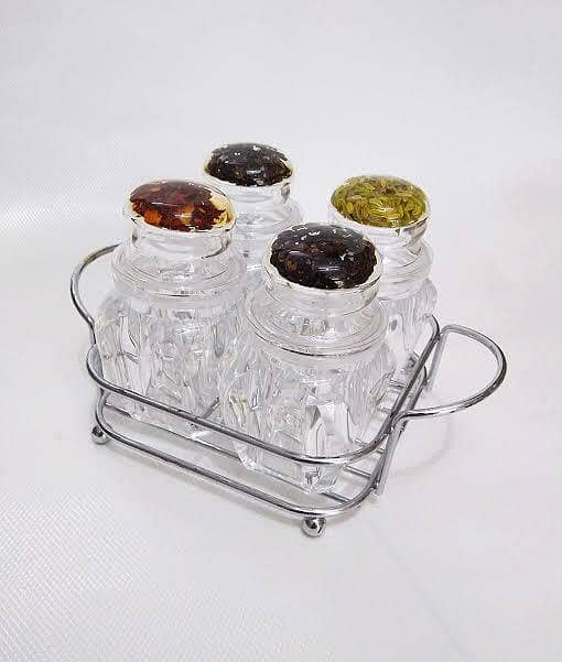 Acrylic Cruet Set  Stainless Steel Tray  Transparent  Salt and Spice Holders  4 Pcs