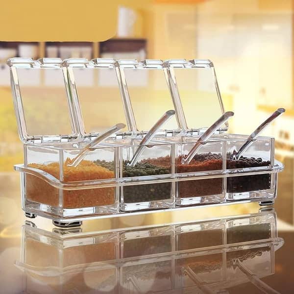 Clear Seasoning Rack Spice Pots by AIQI - 4 Piece Acrylic Seasoning Box - Storage Container Condiment Jars