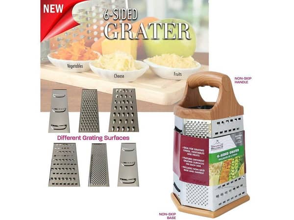 Cheese Grater Vegetable Grater and Slicer for Kitchen Stainless Steel 6-Sides 9.5 Inch Height Box Grater Handle and Non Slip Rubber Bottom