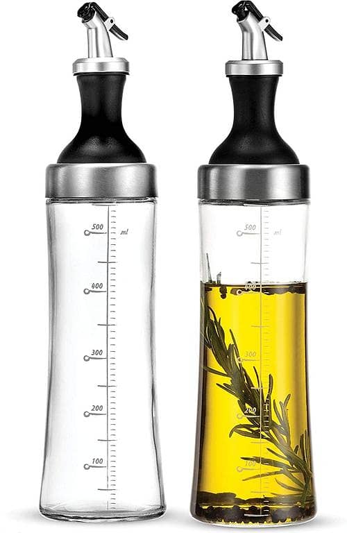 Glass Oil and Vinegar Dispenser, Modern Olive Oil Dispenser, Wide Opening for Easy Refill and Cleaning, Clear Glass Oil Bottle, Pouring Spouts, 18 Oz. Cruet Set