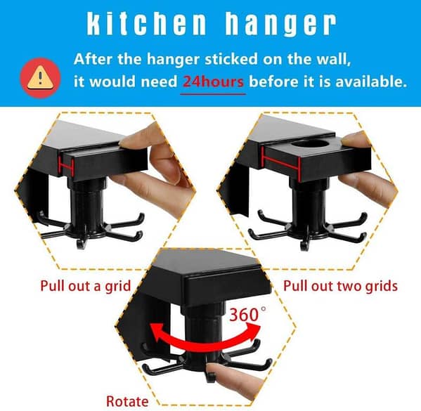 Kitchen Utensil Hanging Hooks with Telescopic Swivel Shelf – Self-Adhesive, Black