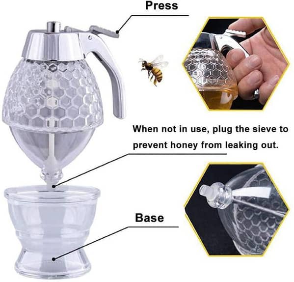 Honey Dispenser with Stand Honey Container, Syrup and Sugar Jar Pot, No Drip Honey Dispenser with High Capacity
