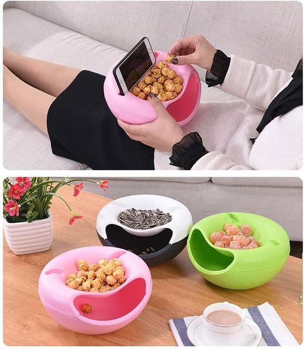 Lazy Snack Bowl Plastic Double Layers Snack Storage Box Bowl Fruit Plate Bowl With Phone Holder