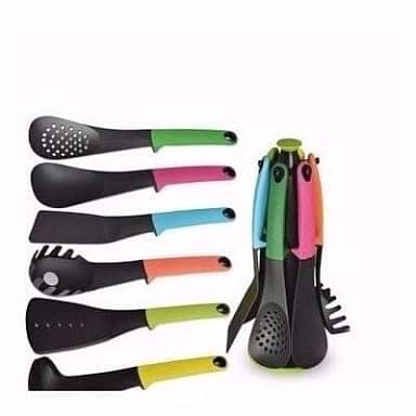 Premium 6-Pieces Heat Resistant Nylon Silicone Raised UP Kitchen Cooking Utensils Set with Holder and 360 Degree Rotating Carousel Stand (Multi Color)